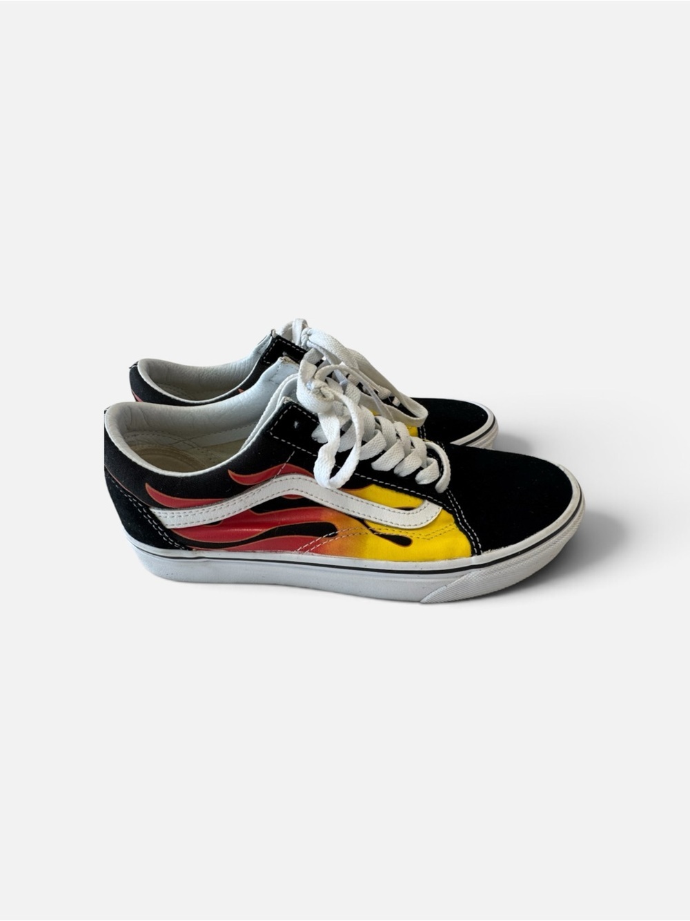 Unisex Vans Black Low-Top Sneakers with Red and Yellow Flame Design/men 6.5